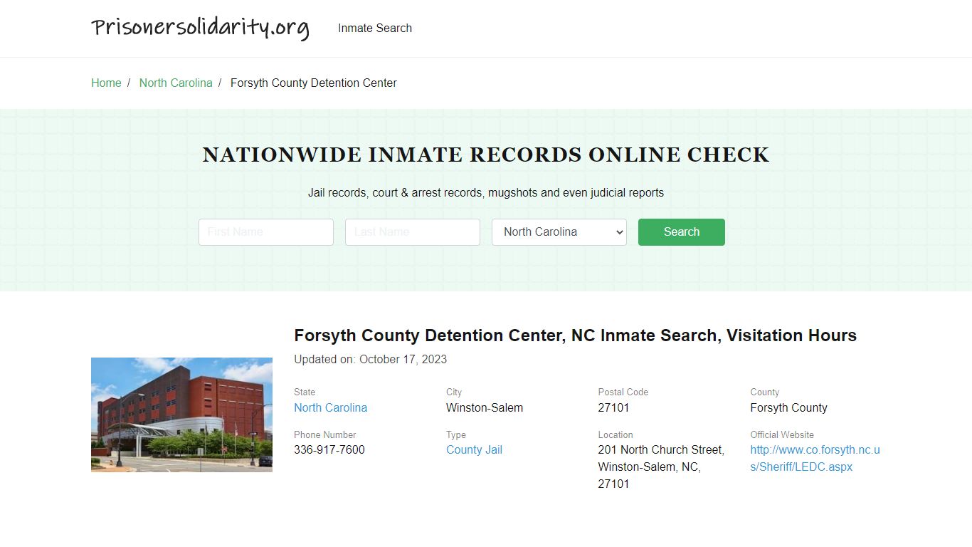 Forsyth County Detention Center, NC Inmate Search, Visitation Hours